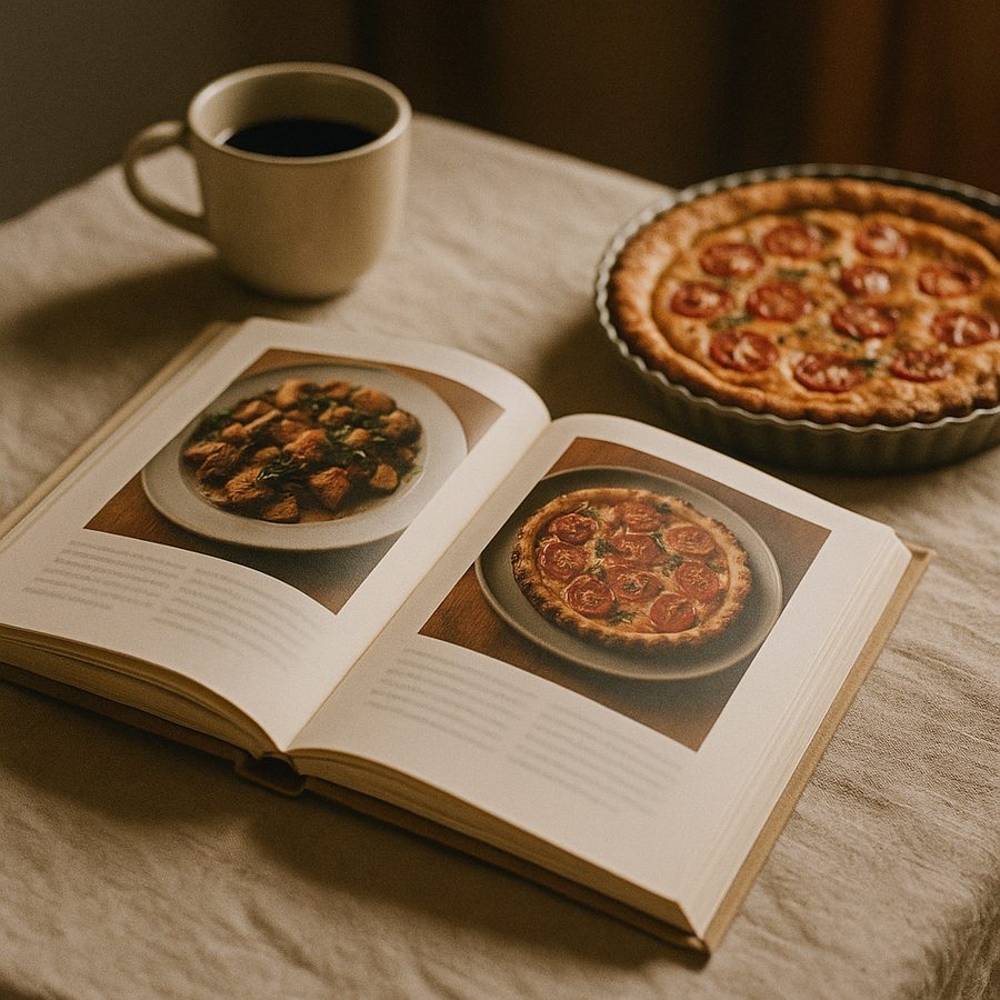 A printed family cookbook lying open beside a fresh pie